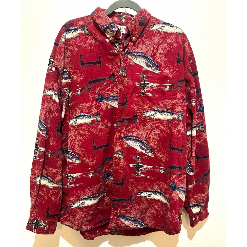 Magellan Sportswear Men's XL Red Long Sleeve Cotton Button-Down Fish Shirt